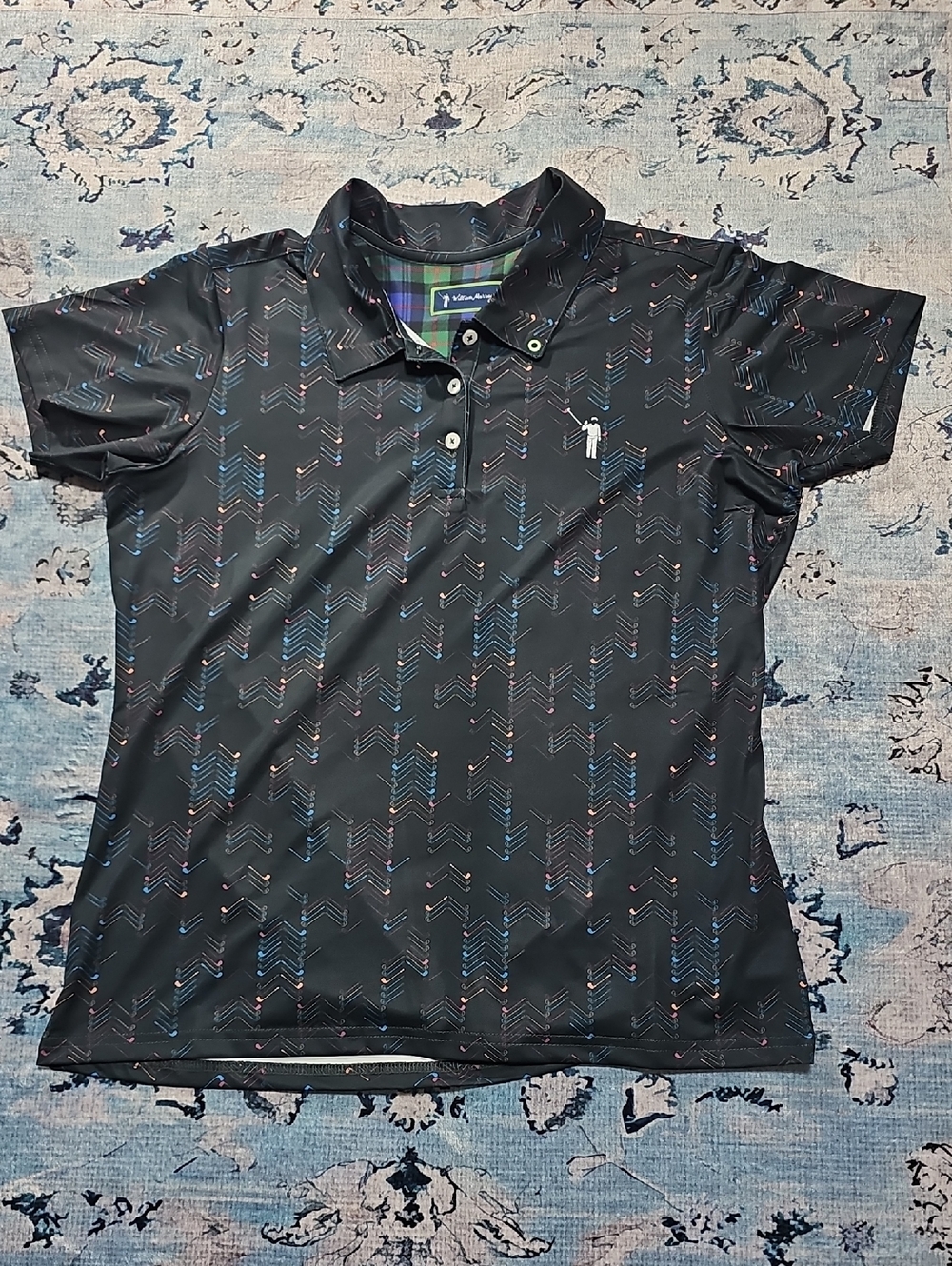 William Murray Golf Black Polo with Blue, Pink and Green Accents